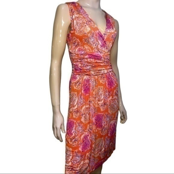 Etro Women’s Size 40 4 Orange Pink Paisley Surplice Cinched Waist Flowy Dress - Picture 2 of 10